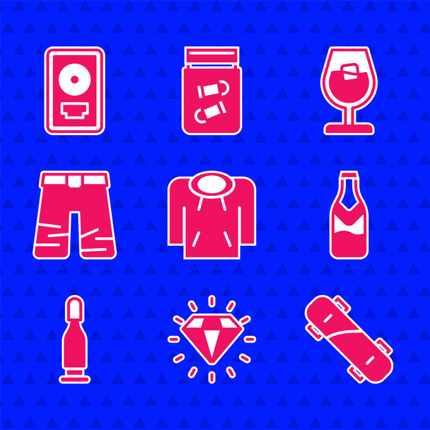Kapüşonlu, Elmas, Kaykay, Bira şişesi, Kurşun, Geniş Pantolon, Şarap kadehi ve CD disk ödülü ikonu. Vektör - Vektör, Görsel