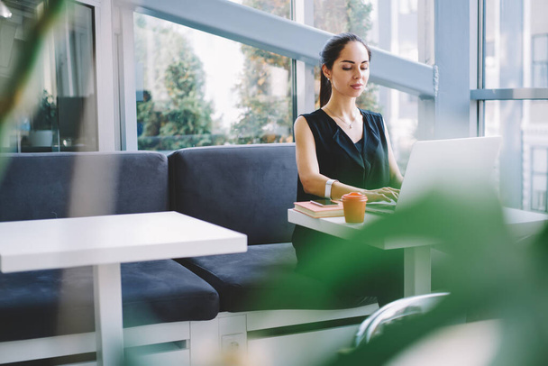 Koncentrált nő használja laptop munka közben ül asztalnál papír csésze forró ital és jegyzettömb - Fotó, kép