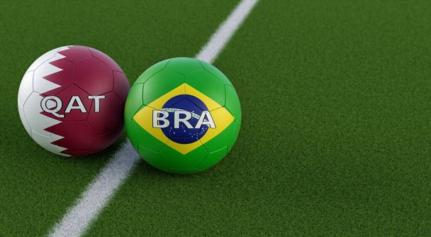 Brazil vs. Qatar Soccer Match - Leather balls in Brazil and Qatar national colors. 3D Rendering  - Φωτογραφία, εικόνα