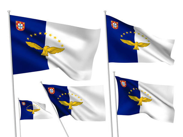 Bandeiras vetoriais dos Açores definidas. 5 diferentes bandeiras de tecido ondulado 3D balançando no vento. EPS 8 criado usando malhas gradiente isolado em fundo branco. Cinco elementos de design da coleção mundial - Vetor, Imagem