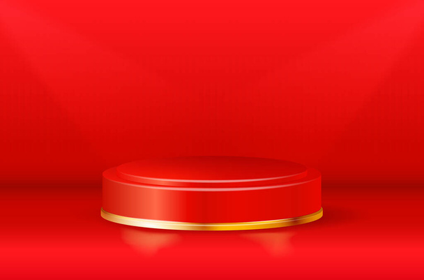 Puste czerwono-złote świecące okrągłe podium na czerwonym tle - ilustracja wektora - Wektor, obraz