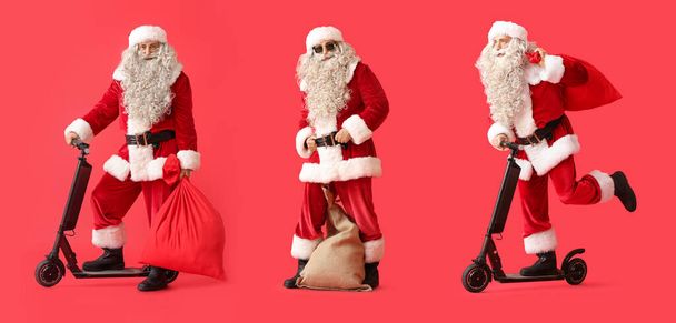 Collage de Santa Claus con bolsa y scooter eléctrico sobre fondo rojo - Foto, imagen