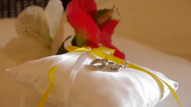 anéis de casamento de ouro na almofada
 - Filmagem, Vídeo