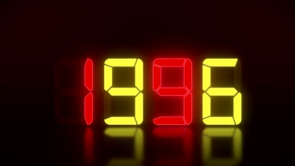 Видеоанимация светодиодного дисплея в красном и желтом цвете с 1990 по 2022 годы на отражающем полу - это новый 2022 год - праздничная концепция - Кадры, видео