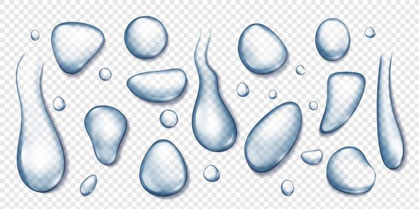 Realistic condensation water drops, dripping raindrops and tears. Clean liquid droplets, transparent waterdrops in different shapes vector set - Vector, Image