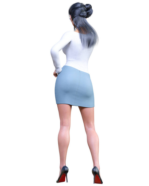 Sexy brunette hair woman office secretary uniform short mini skirt.Beautiful underwear collection.Femme fatale with glasses.Provocative liberated pose.3D rendering isolate.Conceptual fashion art. - Fotografie, Obrázek