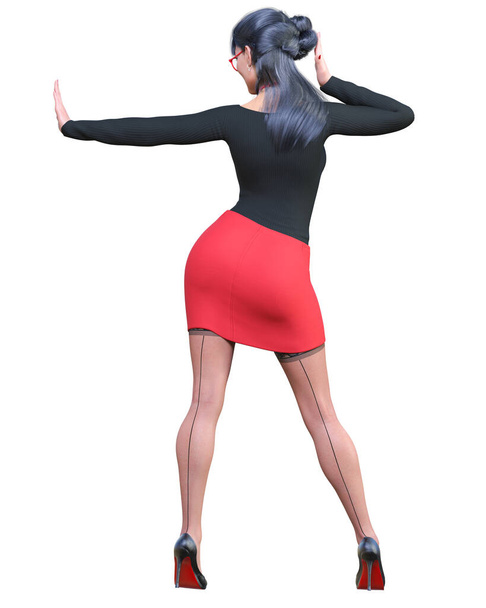 Sexy brunette woman office secretary uniform short red mini skirt and stocking.Beautiful underwear collection.Femme fatale glasses.Provocative pose.3D rendering isolate.Conceptual fashion art. - Φωτογραφία, εικόνα