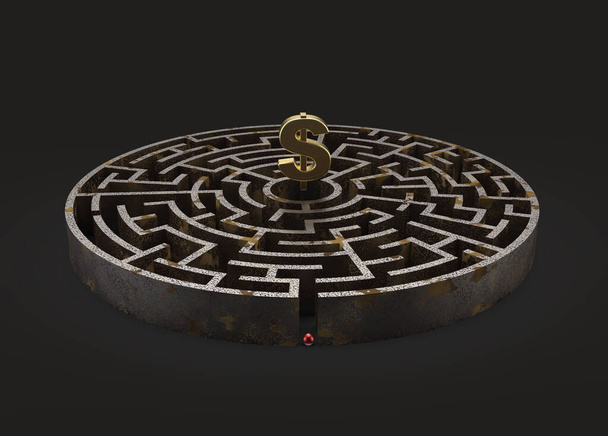 Kreisförmiges Labyrinth aus rostigem Eisen mit Dollar-Symbol in der Mitte - Foto, Bild