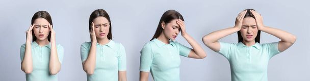 Kolaż ze zdjęciami młodej kobiety cierpiącej na ból głowy na jasnoszarym tle. Projekt banera - Zdjęcie, obraz