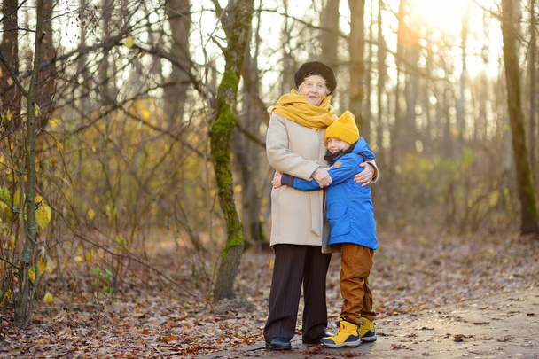 Loving grandson tenderly embracing his joyful elderly grandmother during walking in autumn park. Friendship granny and grandchild. Two generations of family. - Valokuva, kuva