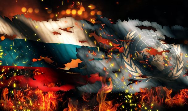 Oroszország ENSZ zászló háború sújtotta tűz nemzetközi konfliktus 3d - Fotó, kép