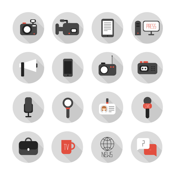 Set of flat colorful vector journalism icons. Mass media. Communication. Illustration consists of computer, news, reporter, camera, microphone, radio. Infographics design web elements. - Vector, imagen