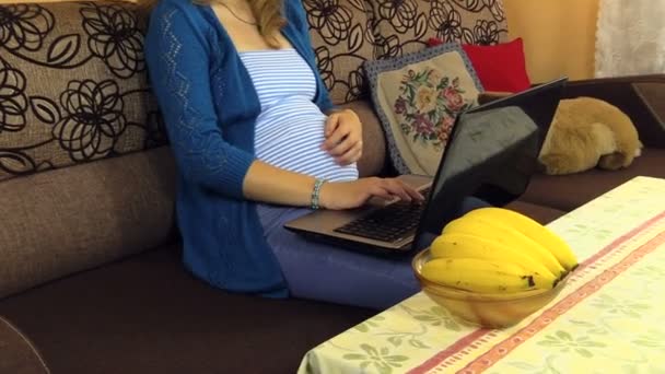 妊娠中の女性のラップトップで作業。バナナ果実の健康食品 - 映像、動画