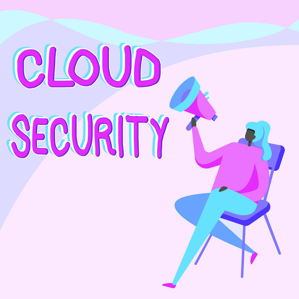 Sign displaying Cloud Security. Business showcase Imposing a secured system of existing data in the Internet Woman Drawing Holding Megaphone Sitting On A Chair Crossed Legs. - Photo, Image