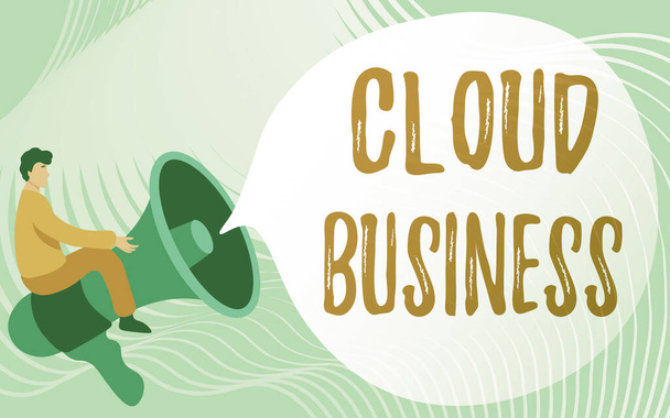 Κείμενο που δείχνει έμπνευση Cloud Business. Business showcase internetbased παράδοση των υπηρεσιών που διατίθενται στους χρήστες Gentleman Drawing Riding Big Megaphone Εμφάνιση Φούσκα ομιλίας. - Φωτογραφία, εικόνα