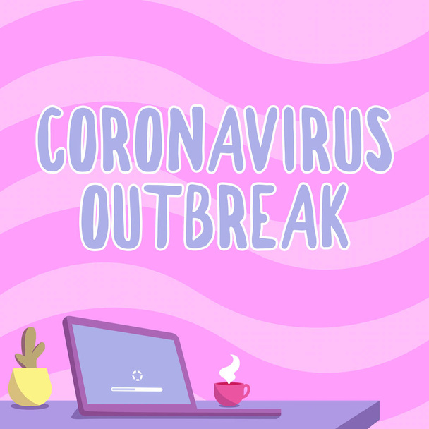 Πινακίδα που δείχνει το ξέσπασμα του Coronavirus. Internet Concept μολυσματική ασθένεια που προκαλείται από πρόσφατα ανακαλύφθηκε COVID19 γραφείο σχεδίασης με φορητό υπολογιστή στυλό κάτοχος και ένα ανοικτό και τακτοποιημένο - Φωτογραφία, εικόνα