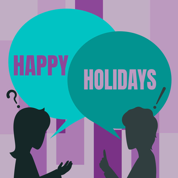 Kirjoitan tekstiä Happy Holidays. Business yleiskatsaus noudattamista joulun henki kestää viikon Pari Piirustus Chat Cloud Talking toisilleen jakaminen Ideat. - Valokuva, kuva