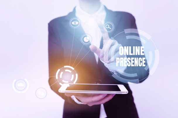 Inspiration showing sign Online Presence. Business approach existence of someone that can be found via an online search Woman In Uniform Holding Mobile Phone Showing Futuristic Virtual Icons - Photo, Image