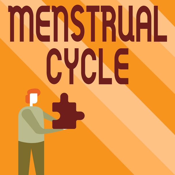 Inspiration showing sign Menstrual Cycle. Business approach monthly cycle of changes in the ovaries and uterus lining Business Man Holding Jigsaw Puzzle Piece Unlocking New Futuristic Technologies - Photo, Image