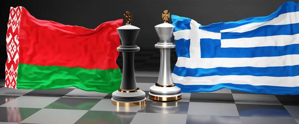 Bielorrusia Grecia cumbre, reunión o alianza entre esos dos países que tiene como objetivo resolver los problemas políticos, simbolizado por un juego de ajedrez con banderas nacionales, 3d ilustración - Foto, imagen