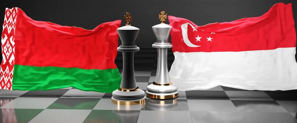 Bielorrusia Cumbre de Singapur, reunión o alianza entre esos dos países que tiene como objetivo resolver los problemas políticos, simbolizado por un juego de ajedrez con banderas nacionales, 3d ilustración - Foto, imagen