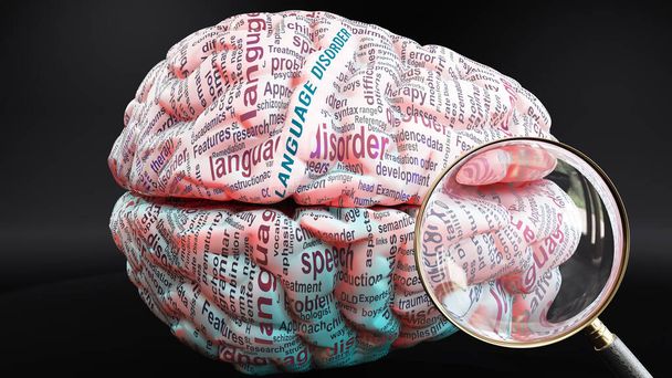 Trouble du langage dans le cerveau humain, un concept montrant des centaines de mots cruciaux liés au trouble du langage projeté sur un cortex pour démontrer pleinement l'étendue de cette condition, illustration 3D - Photo, image