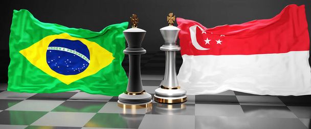 Brasil Singapur cumbre, reunión o alianza entre esos dos países que tiene como objetivo resolver los problemas políticos, simbolizado por un juego de ajedrez con banderas nacionales, 3d ilustración - Foto, imagen