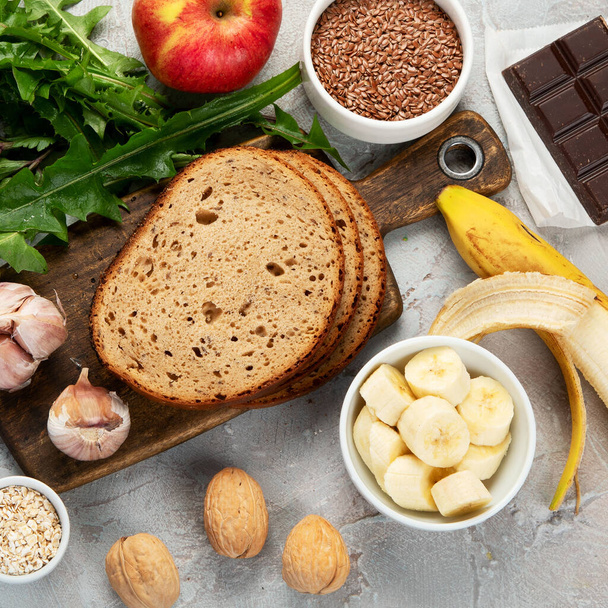 Best sources of prebiotic on light background. Healthy gud. Top view, flat lay - Fotoğraf, Görsel