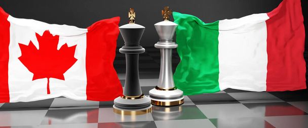 Καναδάς Ιταλία σύνοδο κορυφής, συνάντηση ή ζωντάνια μεταξύ των δύο χωρών που έχει ως στόχο την επίλυση των πολιτικών ζητημάτων, συμβολίζεται από ένα παιχνίδι σκάκι με εθνικές σημαίες, 3D εικονογράφηση - Φωτογραφία, εικόνα