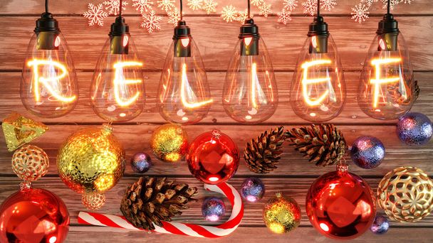Relieve de Navidad - acogedora mesa de madera con adornos de Navidad con conos, bastón de caramelo, bolas brillantes y luces cálidas bombilla incandescente por encima de mostrar la palabra Relieve, 3d ilustración - Foto, imagen