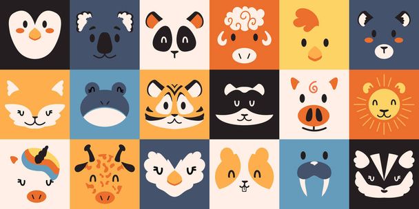 Animal portraits. Wild and domestic creature avatars. Minimalistic penguin, toad and panda heads. Koala, sheep or chick faces. Fluffy fox, tiger and raccoon. Vector birds and mammals set - Vector, Image