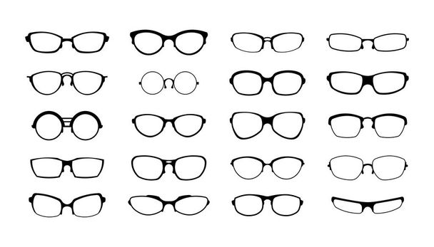 Rim glasses. Black silhouette of spectacles plastic lens frame design. Vintage eyewear style. Eyes care. Optic accessories collection. Vector vision protection retro eyeglasses set - Vetor, Imagem