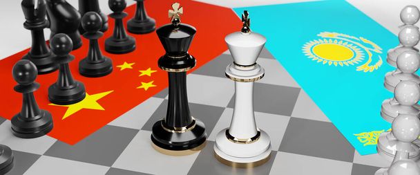 Kína és Kazahsztán - tárgyalások, vita, párbeszéd vagy konfrontáció e két ország között, amelyeket két sakkkirályként mutatnak be zászlókkal, amelyek a találkozások és tárgyalások művészetét szimbolizálják, 3d illusztráció - Fotó, kép