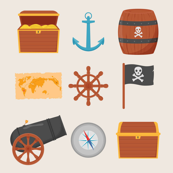 Bundel piraten set geïsoleerd op witte achtergrond. Bundelpiraat, schatkaart, rum, scheepswiel, anker, loop, bom. - Vector, afbeelding