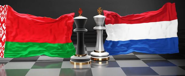 Weißrussland Niederlande Gipfel, Treffen oder Aliance zwischen diesen beiden Ländern, die auf die Lösung politischer Probleme abzielt, symbolisiert durch ein Schachspiel mit Nationalflaggen, 3D-Illustration - Foto, Bild