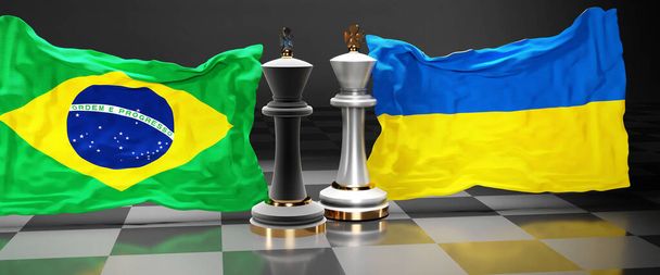 Brasil Ucrania cumbre, reunión o alianza entre esos dos países que tiene como objetivo resolver los problemas políticos, simbolizado por un juego de ajedrez con banderas nacionales, 3d ilustración - Foto, imagen