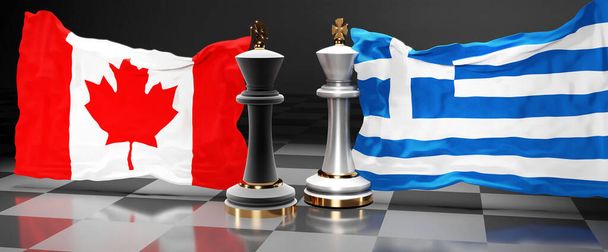 Canadá Grecia cumbre, reunión o alianza entre esos dos países que tiene como objetivo resolver los problemas políticos, simbolizado por un juego de ajedrez con banderas nacionales, 3d ilustración - Foto, imagen