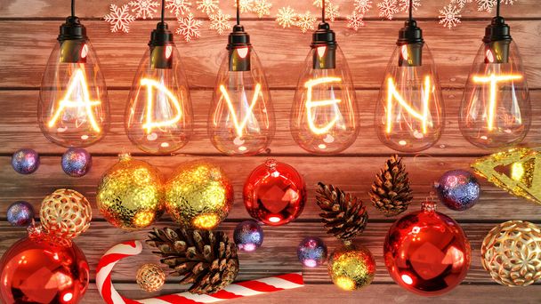 Adviento de Navidad - acogedora mesa de madera con adornos de Navidad con conos, bastón de caramelo, bolas brillantes y luces cálidas bombilla incandescente por encima de mostrar la palabra Adviento, 3d ilustración - Foto, imagen