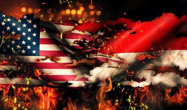 USA Indonésie státní vlajky válkou poničených oheň mezinárodní konflikt 3d - Fotografie, Obrázek
