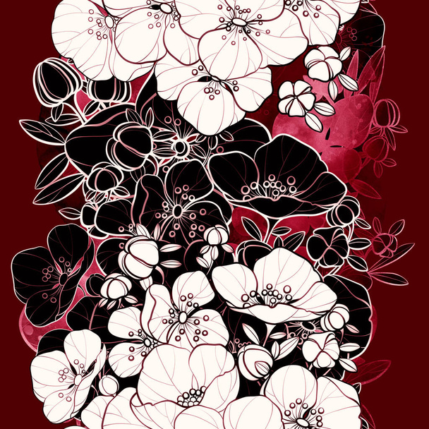 Sakura Blütenzweige Vintage nahtlose Muster. Digitale Linien handgezeichnetes Bild mit aquarellfarbener Textur. Gemischte Medienkunst. Endlose Motive für Verpackungen, Scrapbooking, Decoupage, Textilien. - Foto, Bild