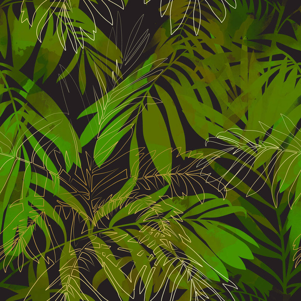 Силуети пальмового листя вінтажний безшовний візерунок. Цифрові лінії малюють картину з акварельною текстурою. Змішані медіа-ілюстрації. Нескінченний мотив для упаковки, скрапбукінгу, декупажу, текстилю
. - Фото, зображення