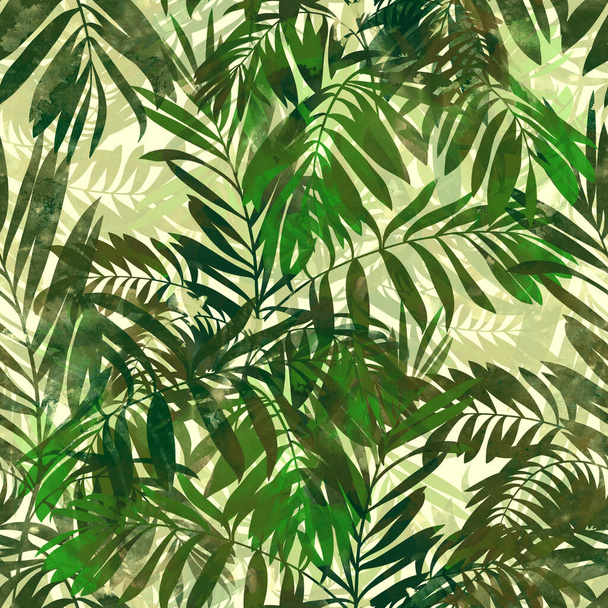 Silhouettes of palm leaves vintage seamless pattern. Digital lines hand drawn picture with watercolour texture. Mixed media artwork. Endless motif for packaging, scrapbooking, decoupage, textiles. - Φωτογραφία, εικόνα