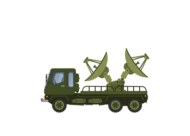 Military truck. Army transport with antenna. Modern appliances in protective green color. Radar and detection system. Scanning and recognition. Cartoon illustration - Vettoriali, immagini