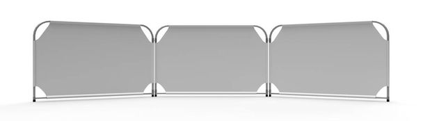 Stand da terra divisorio divisorio bianco per stand espositivi ed eventi al dettaglio isolati su uno sfondo bianco. Illustrazione rendering 3d - Foto, immagini