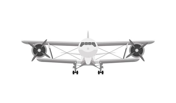 Frontansicht eines weißen Flugzeug-Doppeldeckers mit Kolbenmotor und Propeller. Isoliert auf weißem Hintergrund - Vektor, Bild