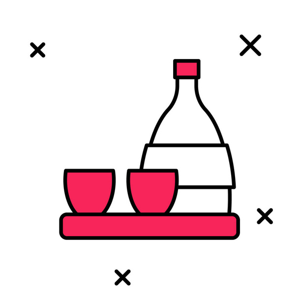 Contorno pieno Bottiglia di sake, piccola icona di sake isolata su sfondo bianco. Vettore - Vettoriali, immagini