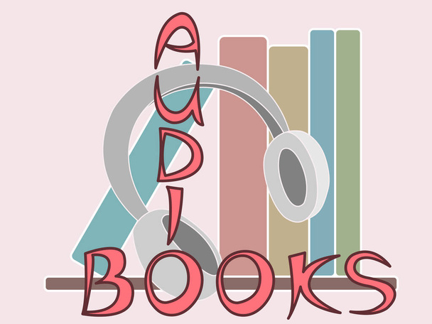 ilustração vetorial simbolizando livros de áudio com uma imagem de uma prateleira com livros, um microfone e fones de ouvido para o design do site e a criação de logotipos e emblemas - Vetor, Imagem