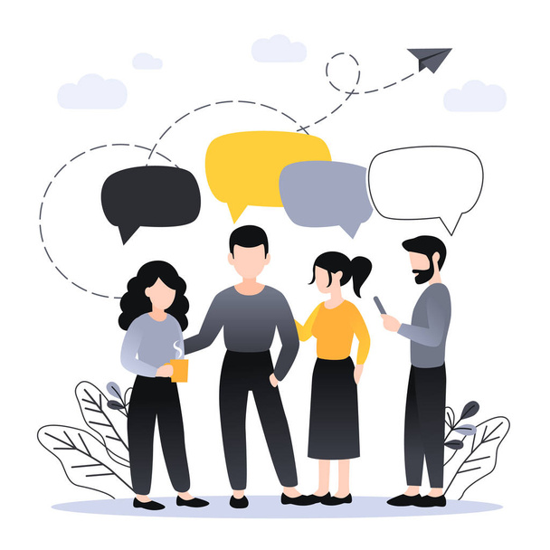 Vector illustration, flat style, group of people discuss social network, news, chat, dialogue speech bubbles. Plant leaves and clouds on the background. - Vector, Image