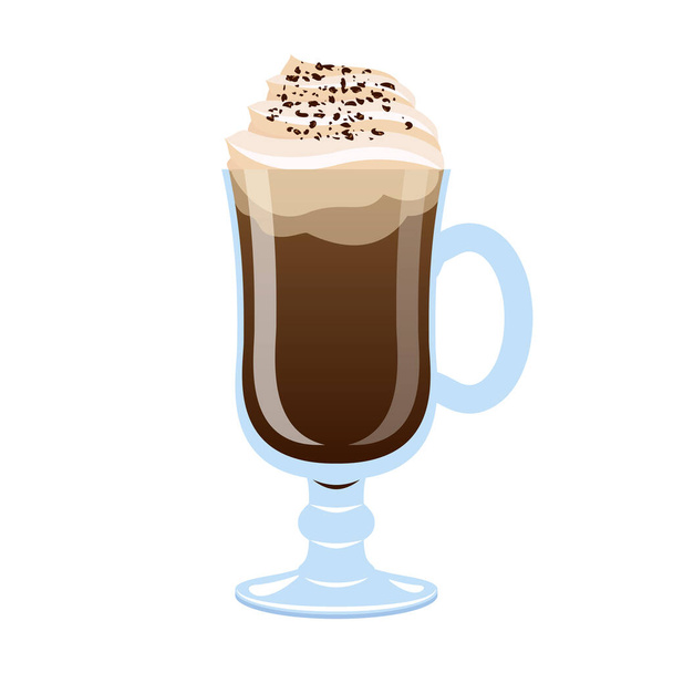 Irish coffee cup with whipped cream icon vector. Glass of irish coffee cocktail icon isolated on a white background. Traditional irish coffee with whiskey, sugar and cream vector - Vector, Image