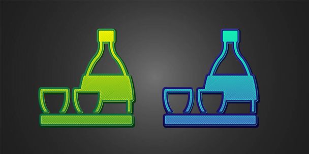 Green and blue Bottle of sake, small cup of sake icon isolated on black background. Vector - Вектор, зображення